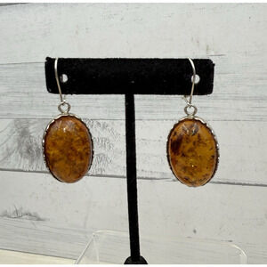 Sterling Silver 925 Vintage Oval Amber Dangle Earrings 11.7 grams